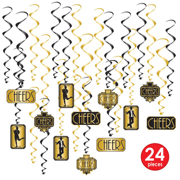 Beistle 24 Piece Roaring 20 Swirls 1920s Theme Party Decorations Dangling Whirls, 17-32, Black/Gold