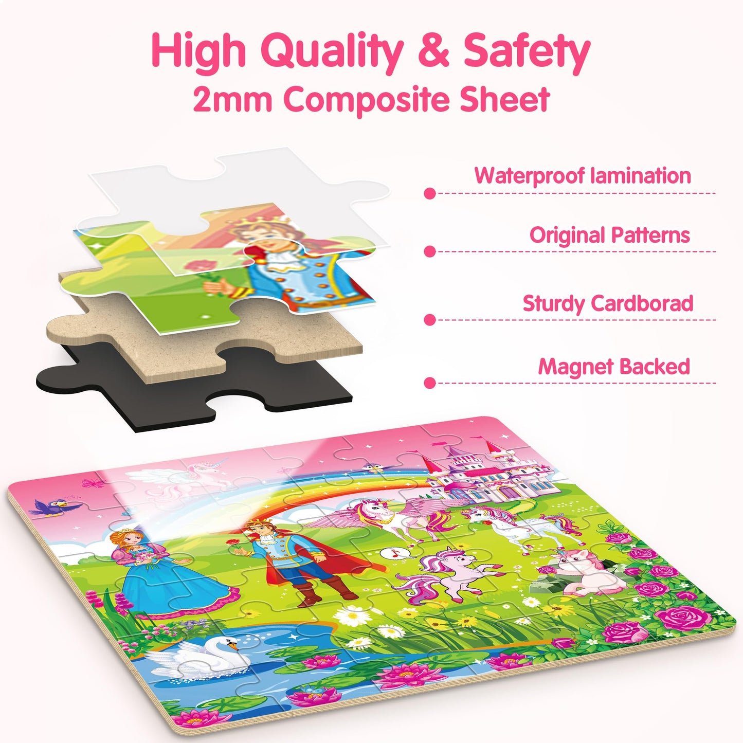 SYNARRY Unicorn Princess Mermaid Magnetic Puzzles for Toddlers 3-5, 36 Pieces Travel Puzzles for Kids Ages 4-8, Airplane Car Roa