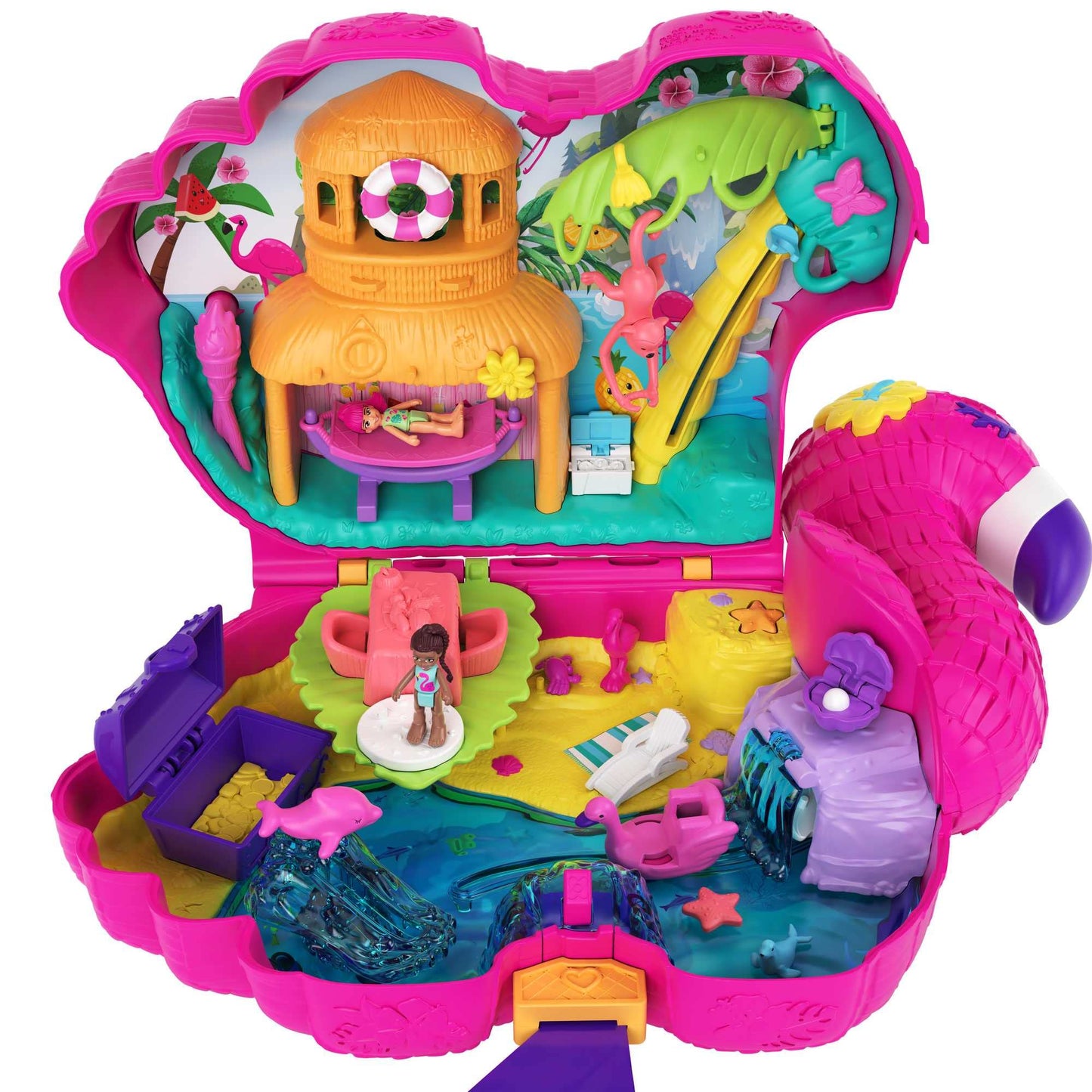 Polly Pocket Travel Toy, Flamingo Party Playset with 2 Micro Dolls & 26 Surprise Accessories, Animal Toy Compact