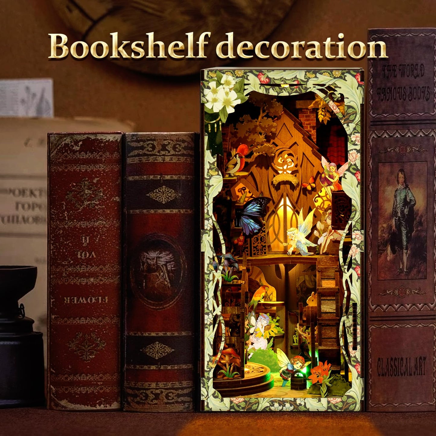 THRIVINGIVAN Book Nook Kit for mature-themed Miniature Model Build Dollhouse Kit 3D Wooden Puzzle with Sensor Led Light for Bookshelf Bookend Insert Decor mature-themeds Teen Crafts(Spirit)