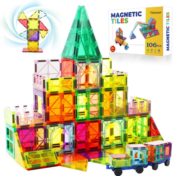 Flatgoat Magnetic Tiles 106 Piece Set, Magnet Building Blocks For Kids Toddlers, Stem Construction Toys With Gift Box For Ages 3