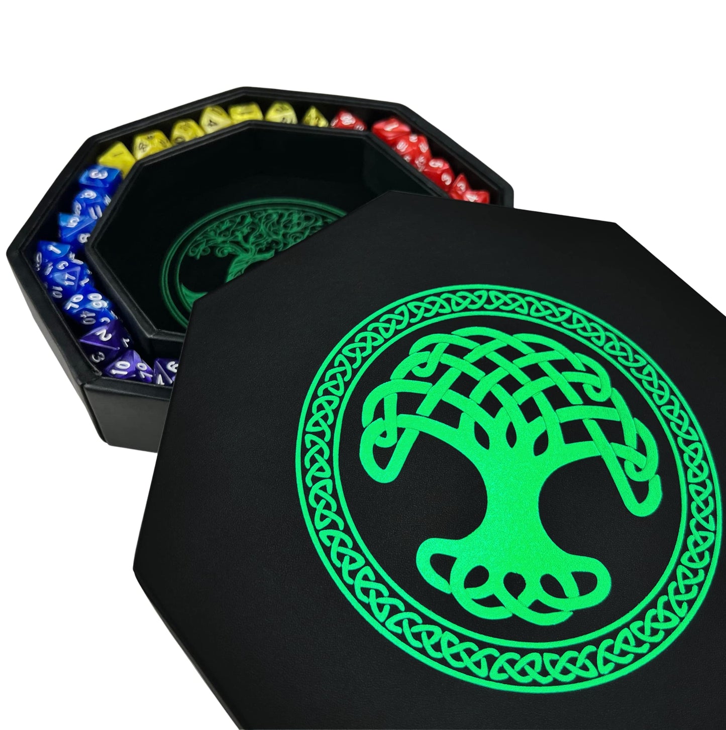 Luck Lab 8 Inch Dice Tray - Green - with Lid and Dice Staging Area for RPG Table Top Gaming- Tree of Life Design