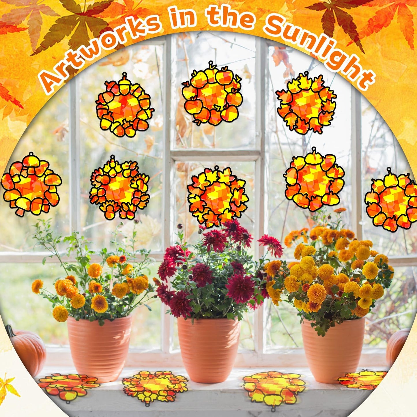 32 Sets Fall Thanksgiving Wreath Suncatchers Craft Kit DIY Window Stained Glass Effect autumn Wreath Paper Crafts Home School Cl