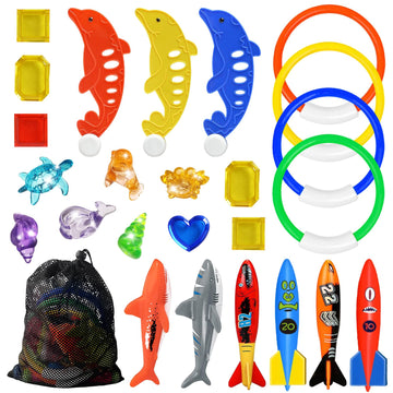 Jasonwell Pool Diving Toys Games - 25Pcs Swimming Pool Toys With Dive Sticks And Rings Underwater Treasures Torpedo Bandits Fish Toys Etc Fun Water Swim Toys For Boys Girls Adults Kids Teens