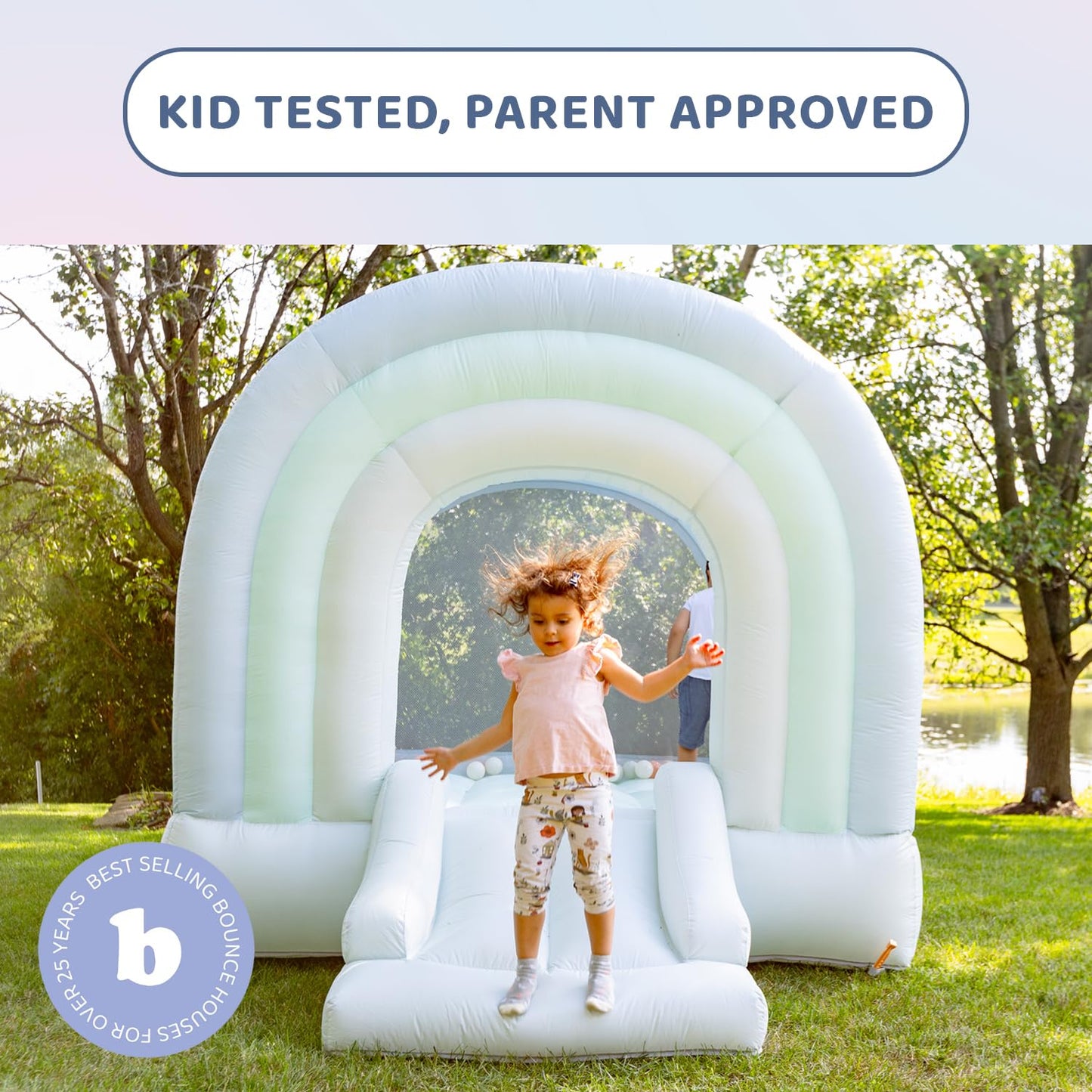 Bounceland Daydreamer Mist Bounce House, Pastel Bouncer With Slide, 8.9 Ft L X 7.2 Ft W X 6.7 Ft H, Ul Blower Included, Basketball Hoop, 30 Pastel Plastic Balls, Trendy Bouncer For Kids