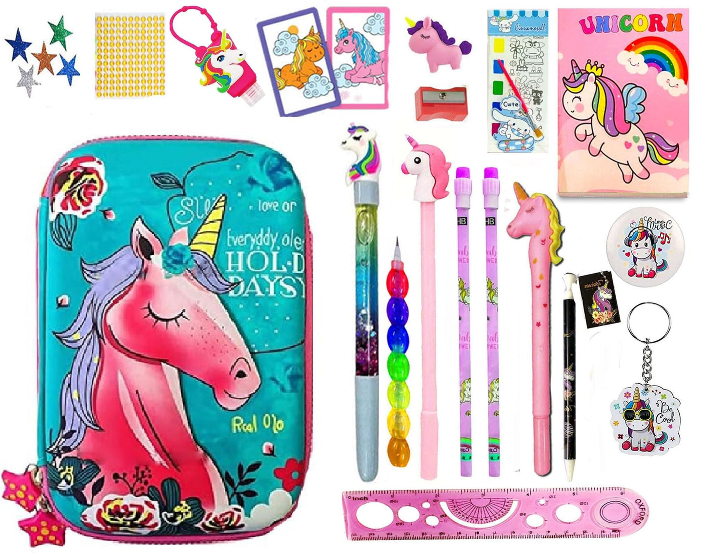 Kobbet Set  20+ Pcs Cute Unicorn Pencil Box, Pens, Eraser, Sharpener, Notebook, Keychain,Ruler Cute Notebook & More School Gif