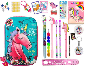 Kobbet Set  20+ Pcs Cute Unicorn Pencil Box, Pens, Eraser, Sharpener, Notebook, Keychain,Ruler Cute Notebook & More School Gif