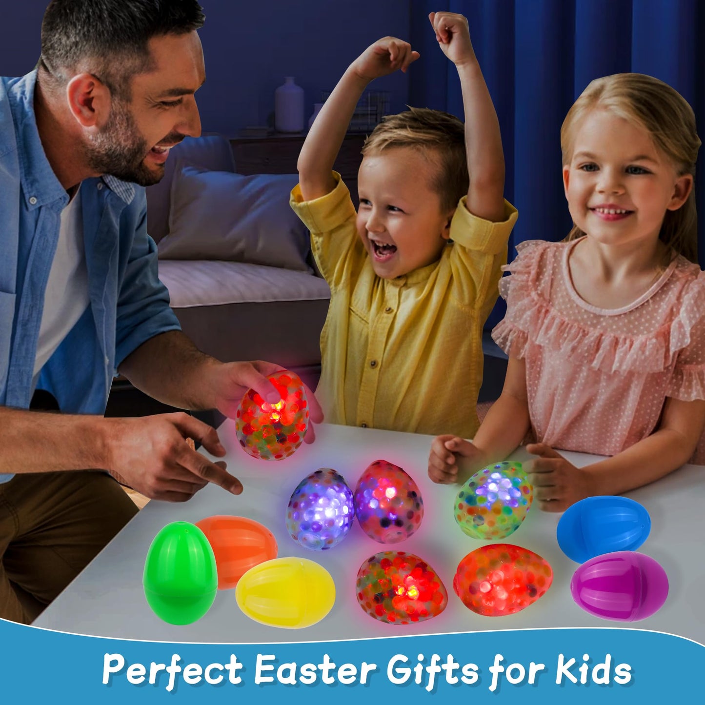 12 Pack Easter Egg Fillers With 12 Light Up Egg Shaped Fidget Stress Balls, Squeeze Stress Relief Toys Filled Easter Eggs Hunts