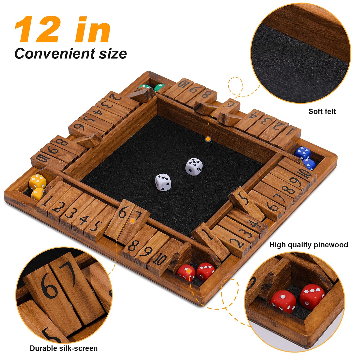 Crobyi Shut The Box Game Wooden For 1-4 Players,Educational & Fun Wooden Board Game With 10 Dice And Shut-The-Box Instructions F