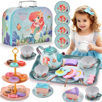 48pc Mermaid Tea Party Set for Little Girls,Birthday Gifts for Age 3 4 5 6 Year Old Girls,Pretend Tin Teapot, Cups, Plates,and F