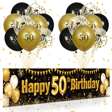 50Th Birthday Decorations For Men Women Black And Gold, Black Gold Birthday Yard Banner And 18 Pcs 50Th Happy Birthday Balloons For 50Th Anniversary Birthday Party Supplies Indoor Outdoor Yard Decor