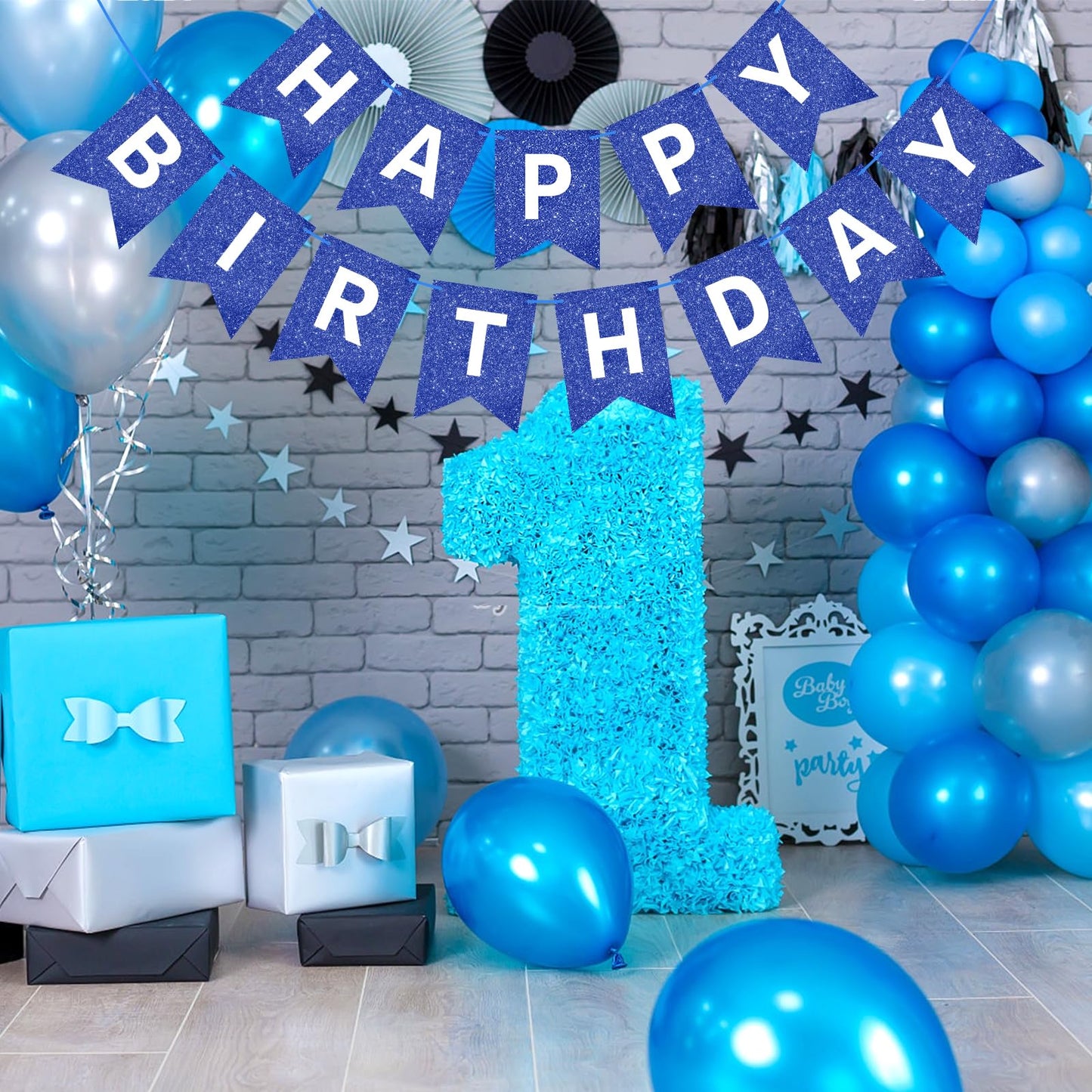 Blue Happy Birthday Banner Glitter Happy Birthday Sign For Backdrop Blue Birthday Party Decorations Flag Banner Garland For Boys Men Baby 1St Birthday Party Door Banner Wall Decor Supplies