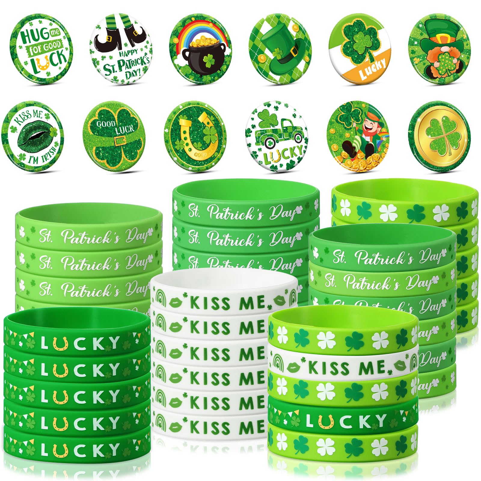 72 Pieces St. Patricks Day Party Favors Including Green Shamrock Bracelet Lucky Rubber Wristbands Irish Clover Badges Bulk for 