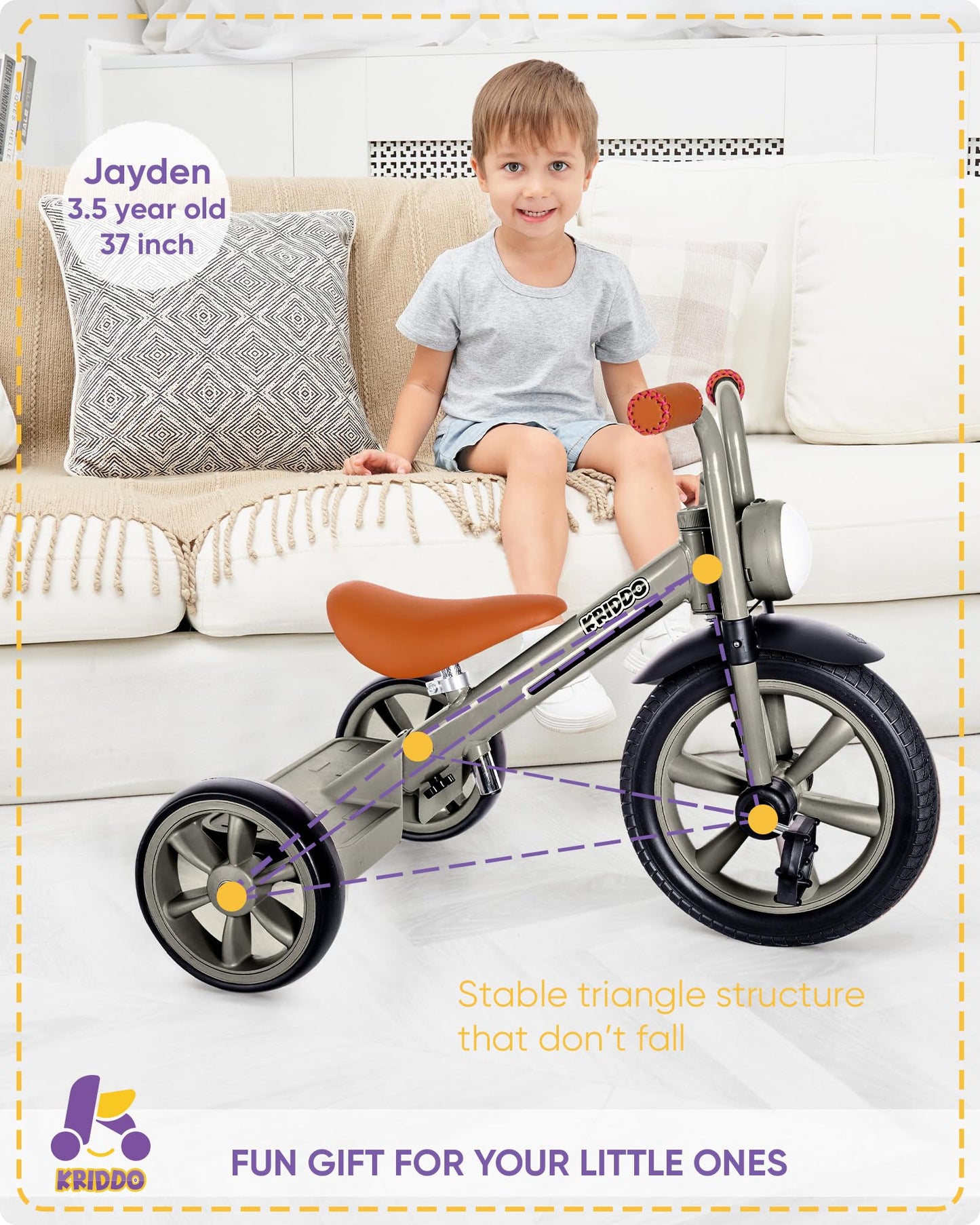 Kriddo Kids Tricycles Age 2 Years To 5 Years, 12 Inch Puncture Free Rubber Wheel W Front Light, Kids Trike For 2.5 To 5 Year Old