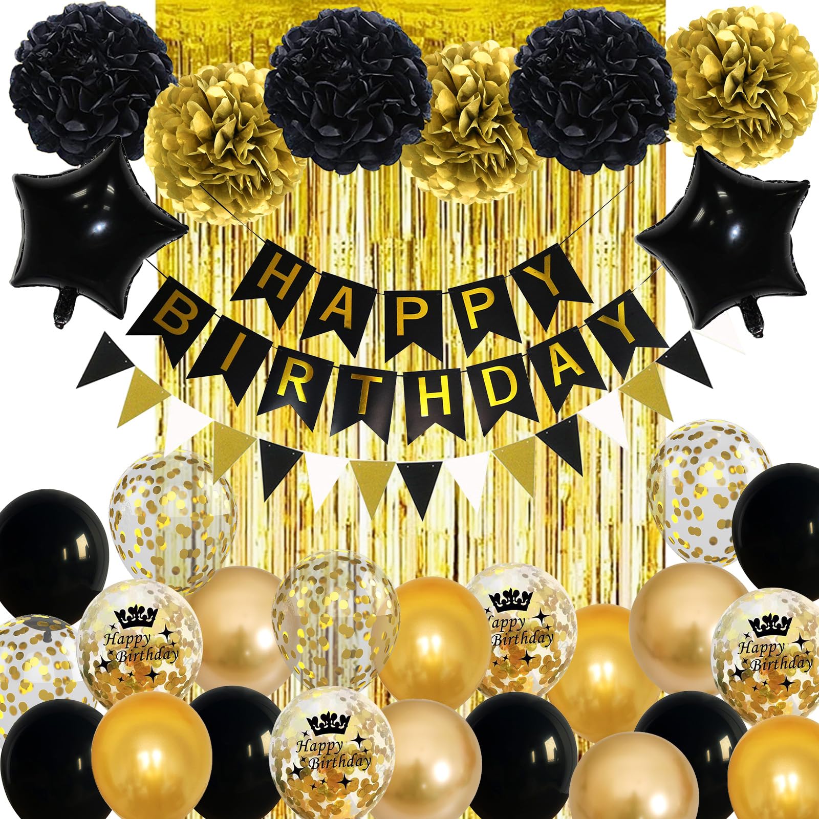 Black And Gold Birthday Decorations, Gold Black Foil Confetti Birthday Balloons Black Foil Balloon Happy Birthday Banner Pom Pom