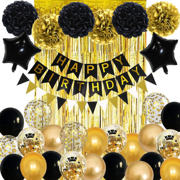Black And Gold Birthday Decorations, Gold Black Foil Confetti Birthday Balloons Black Foil Balloon Happy Birthday Banner Pom Pom