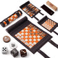 Woodronic 3 in 1 Travel Chess Checkers Backgn Set  Roll-up Leather Backgn Game Set with 32 Pearl Textured Pieces and 5 Dices  Portable Travel Strategy Board Game Set for mature-themed  Navy Blue