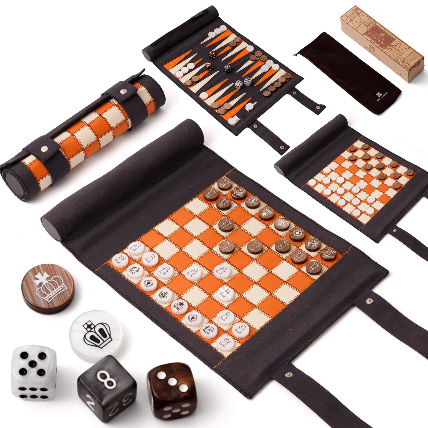Woodronic 3 in 1 Travel Chess Checkers Backgn Set  Roll-up Leather Backgn Game Set with 32 Pearl Textured Pieces and 5 Dices  Portable Travel Strategy Board Game Set for mature-themed  Navy Blue