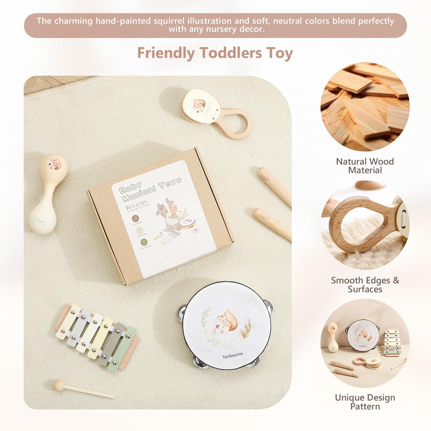 Baby Wooden Montessori Musical Instruments Set For Toddlers - Neutral Colors Percussion Set With Modern Boho Xylophone Tambourin