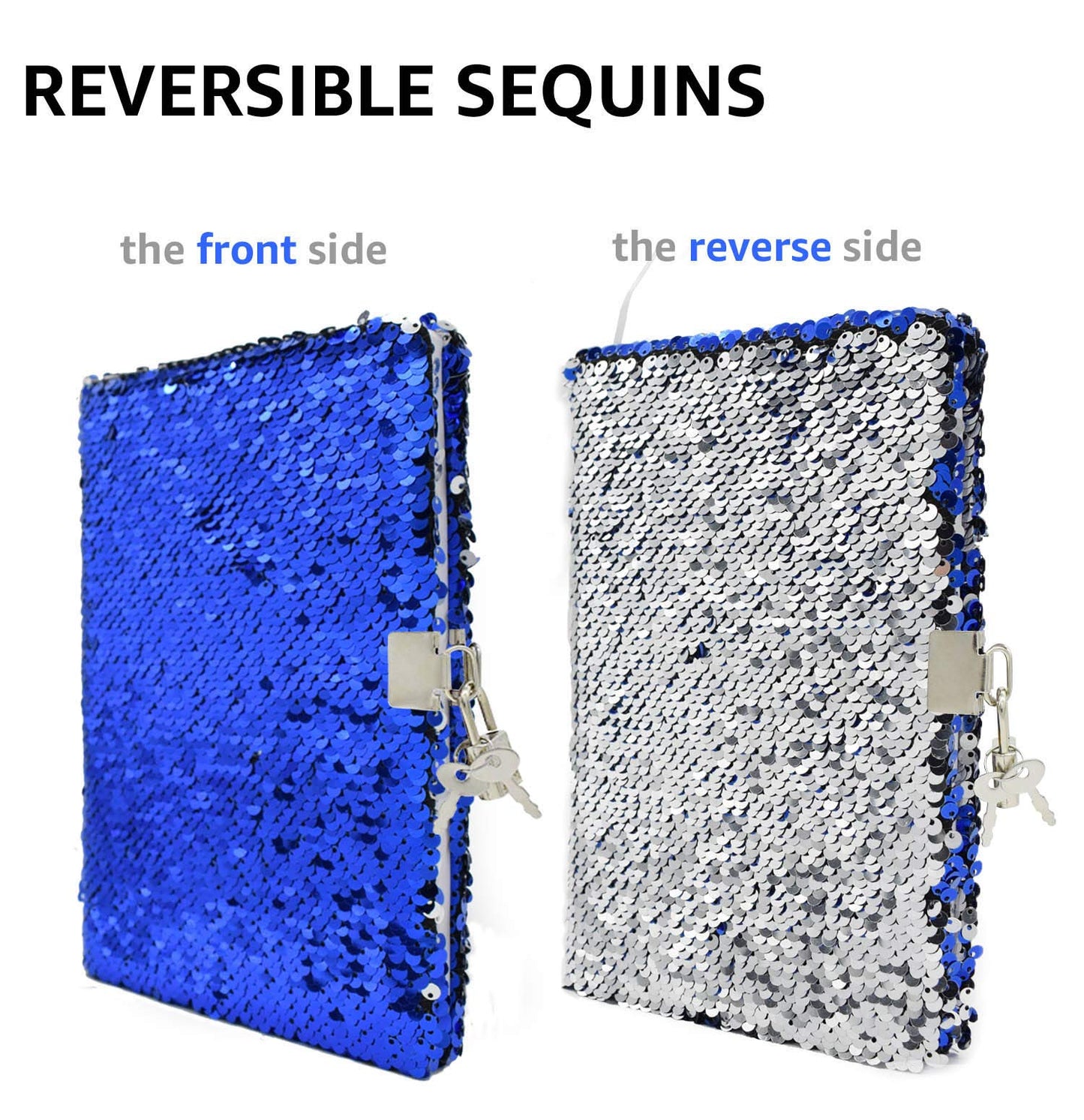 Vipbuy Magic Reversible Sequin Notebook Diary Lined Travel Journal With Lock And Key For Kids Girls, Size A5 (8.5” X 5.5”), 78 Sheets (Blue To Silver)