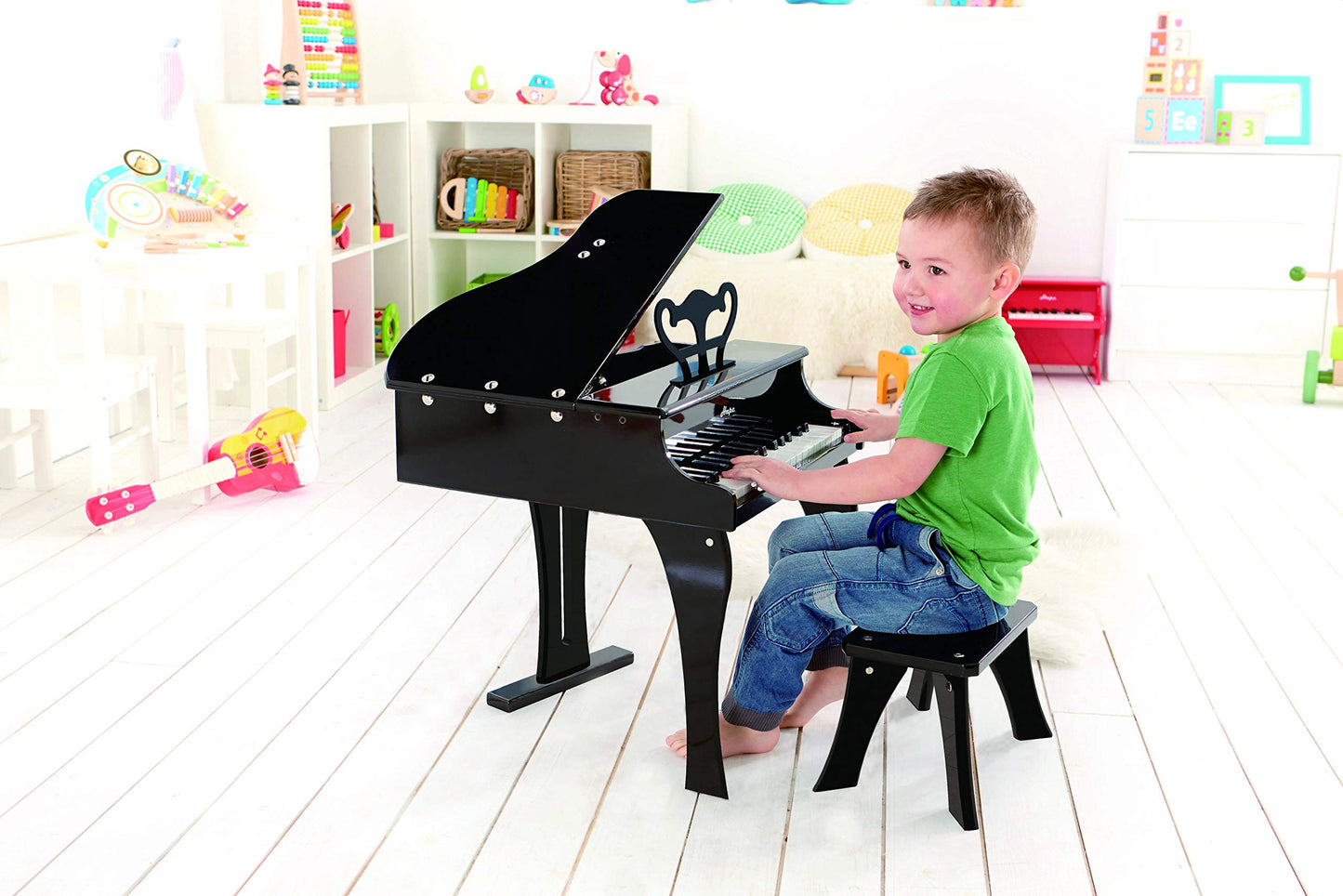 Hape Classic Grand Black Piano - 30-Key Wooden Musical Toy for Kids, 19.7x20.5x23.6 inches, Age 3+, Durable Wood and Metal Construction