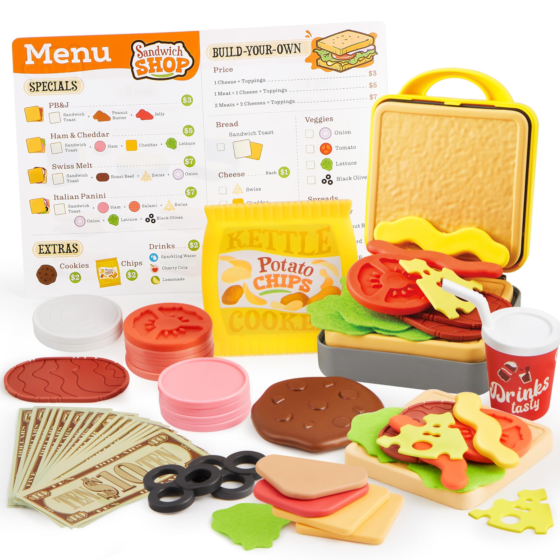 Play Food Toy For 3 4 5 6 Year Old Kids, 35 Pcs Play Kitchen Accessories, Interactive Panini Sandwitch Making Toy With Menu And