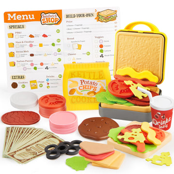 Play Food Toy For 3 4 5 6 Year Old Kids, 35 Pcs Play Kitchen Accessories, Interactive Panini Sandwitch Making Toy With Menu And