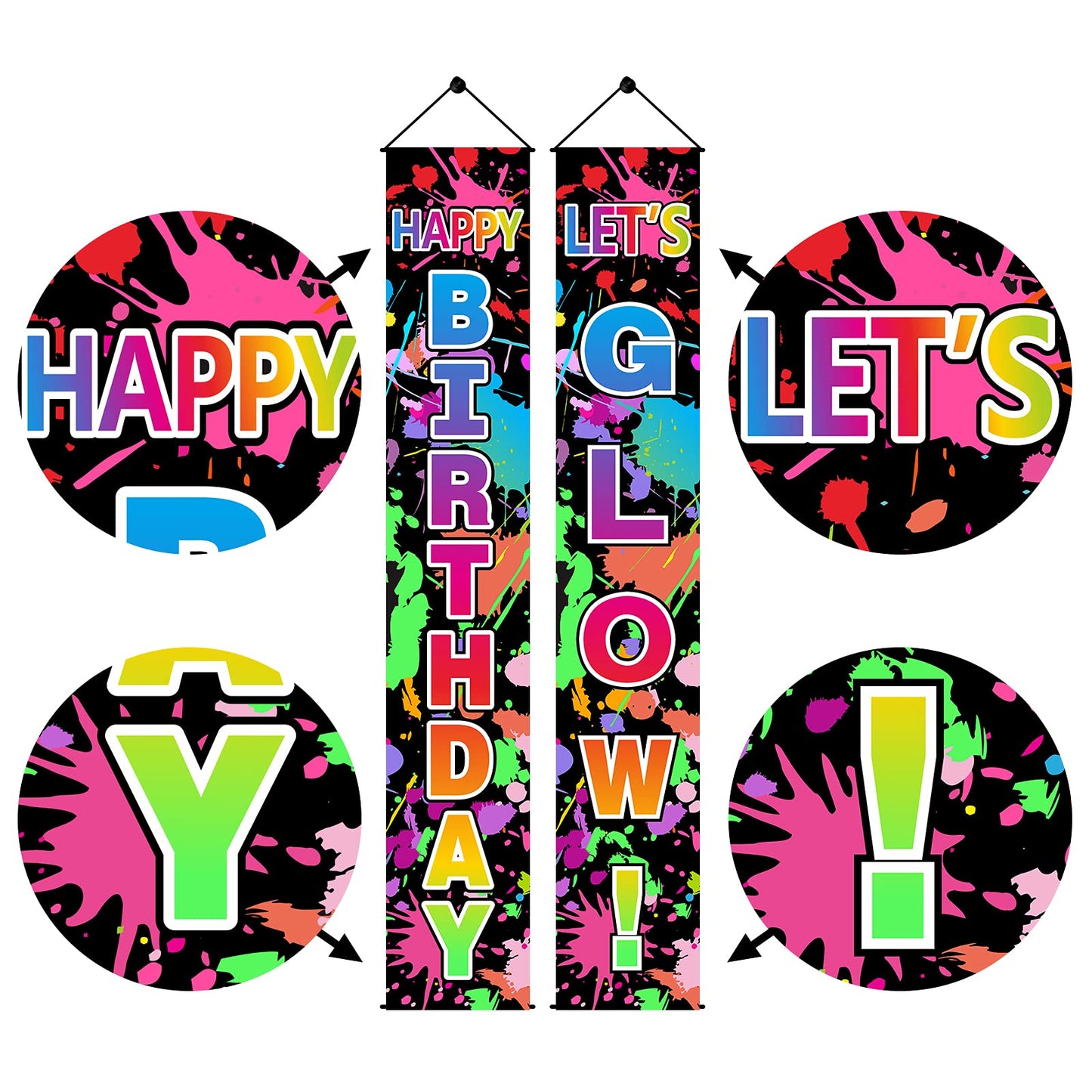 Glow Neon Birthday Party Decorations Supplies, Lets Glow & Happy Birthday Door Banner Sign Supplies, Glowing Themed Birthday Por