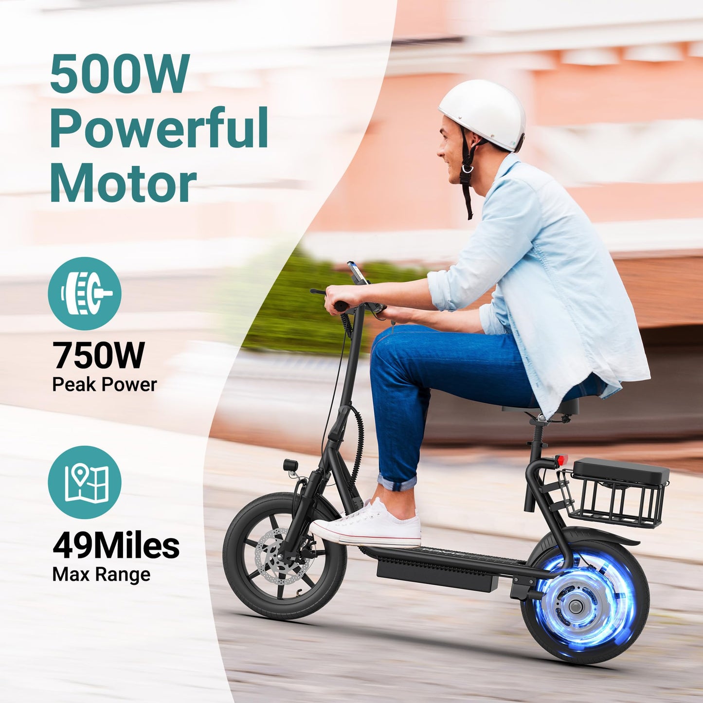 NAVIC T1PRO Electric Scooter Electric Scooter with Seat Max 49 Miles Ranges Top Speed 22 mph 750W Peak Motor for Pets Cargo with Back Basket