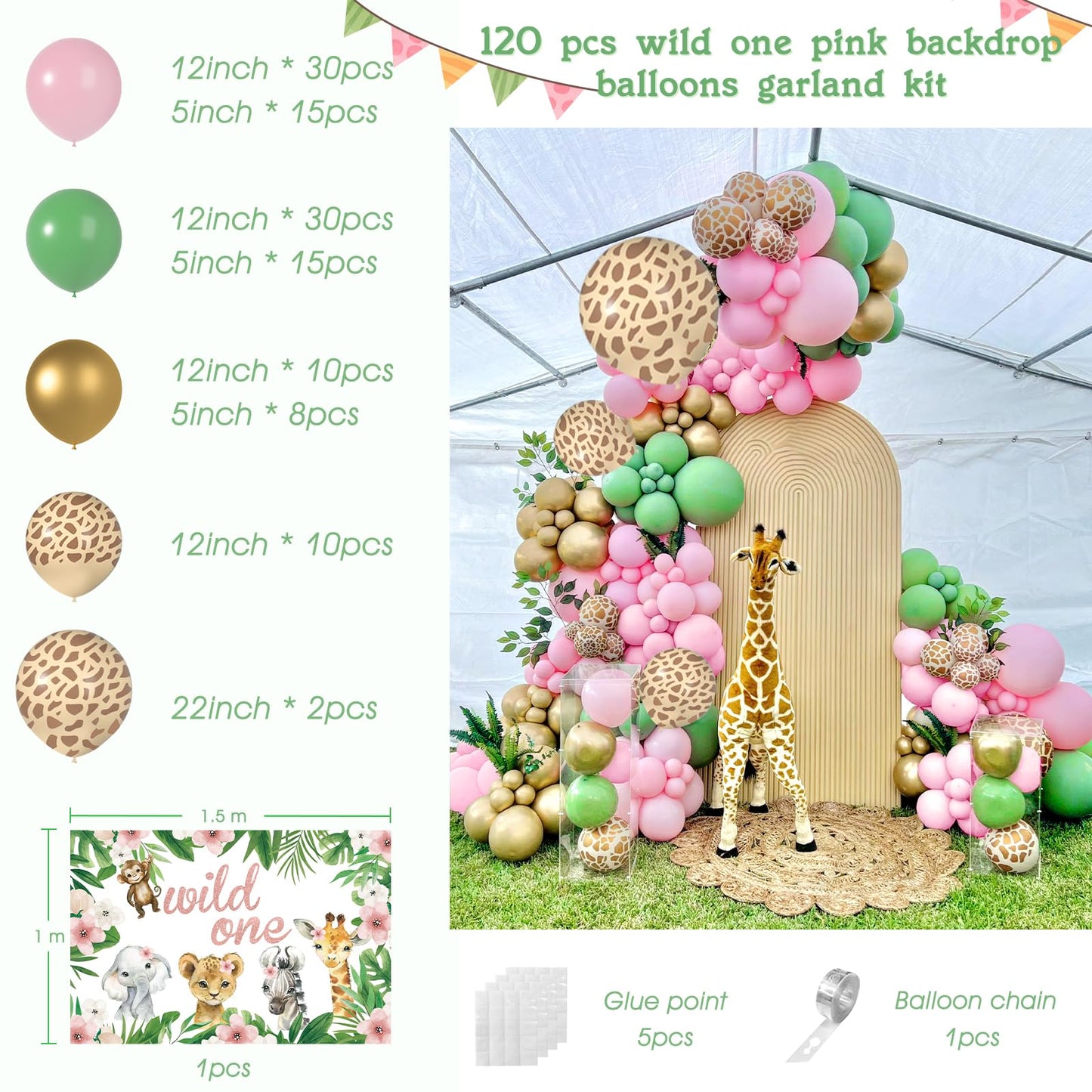 Pink Wild One Balloon Arch With Backdrop 59X40 Inch For Wild One Birthday Decoration, Safari Jungle Balloons Garland Arch Kit Gi