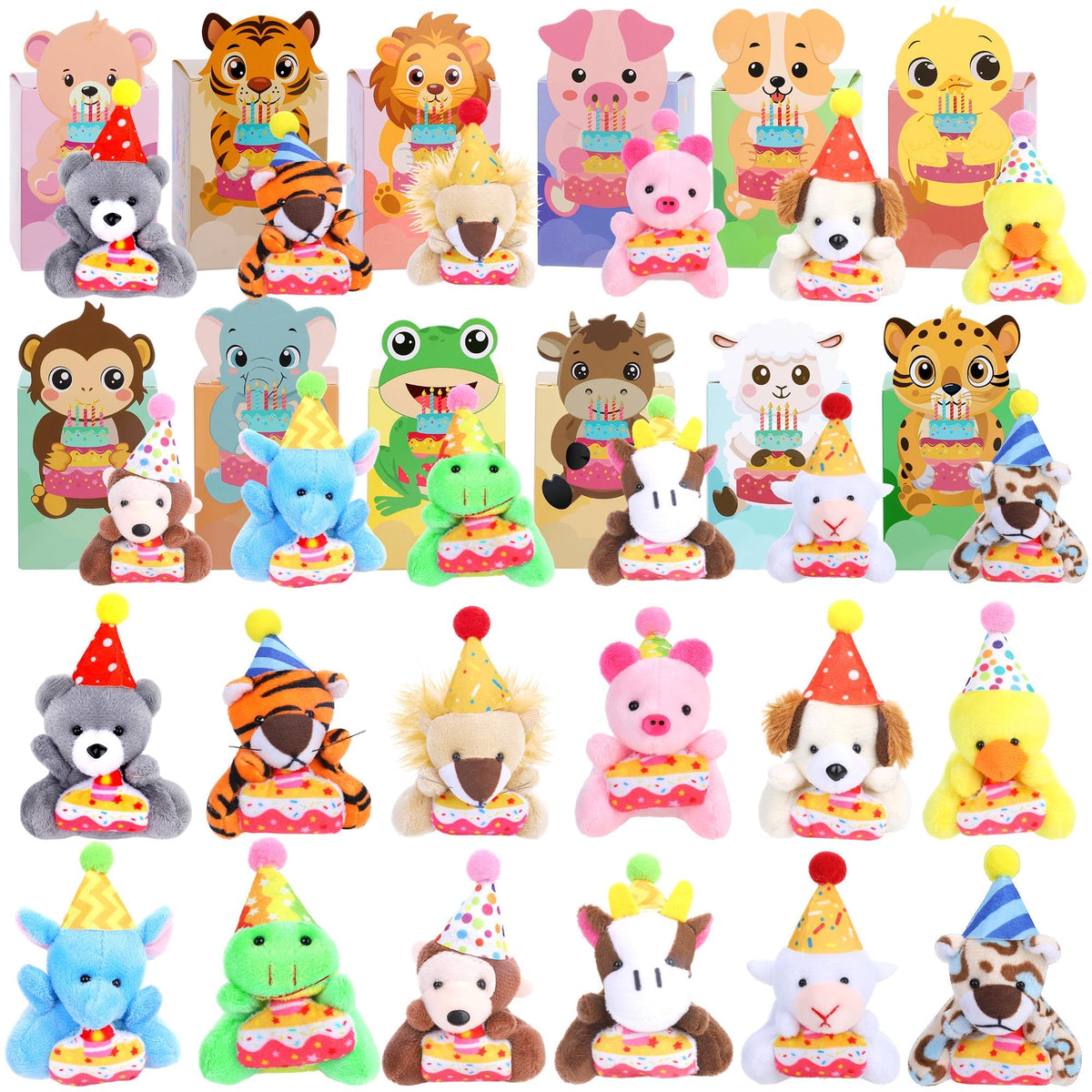 MOVING EARS 12 Pack Birthday Gifts Small Stuffed Animals Assorted Card Boxes Mini Animal Toys with Cake Keychains Bulk for Class