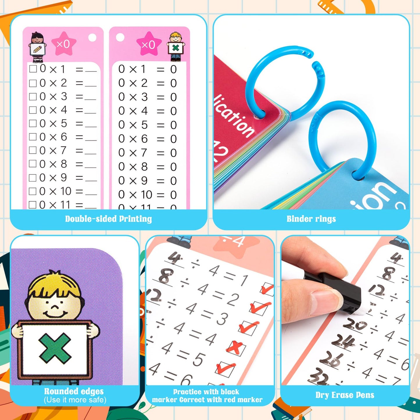 THSLSFX 29Pcs Colorful Multiplication & Division Flash Cards with 4 Dry Erase Pens - Fun Learning for 1st to 3rd Grades, 5.3x