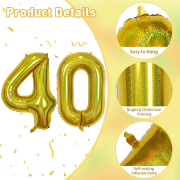 40 Balloon Laser Gold, Self Inflating 40 Inch Number 40 Mylar Balloon Globos Dorados Decor For Men, Foil Helium Iridescent Big 4