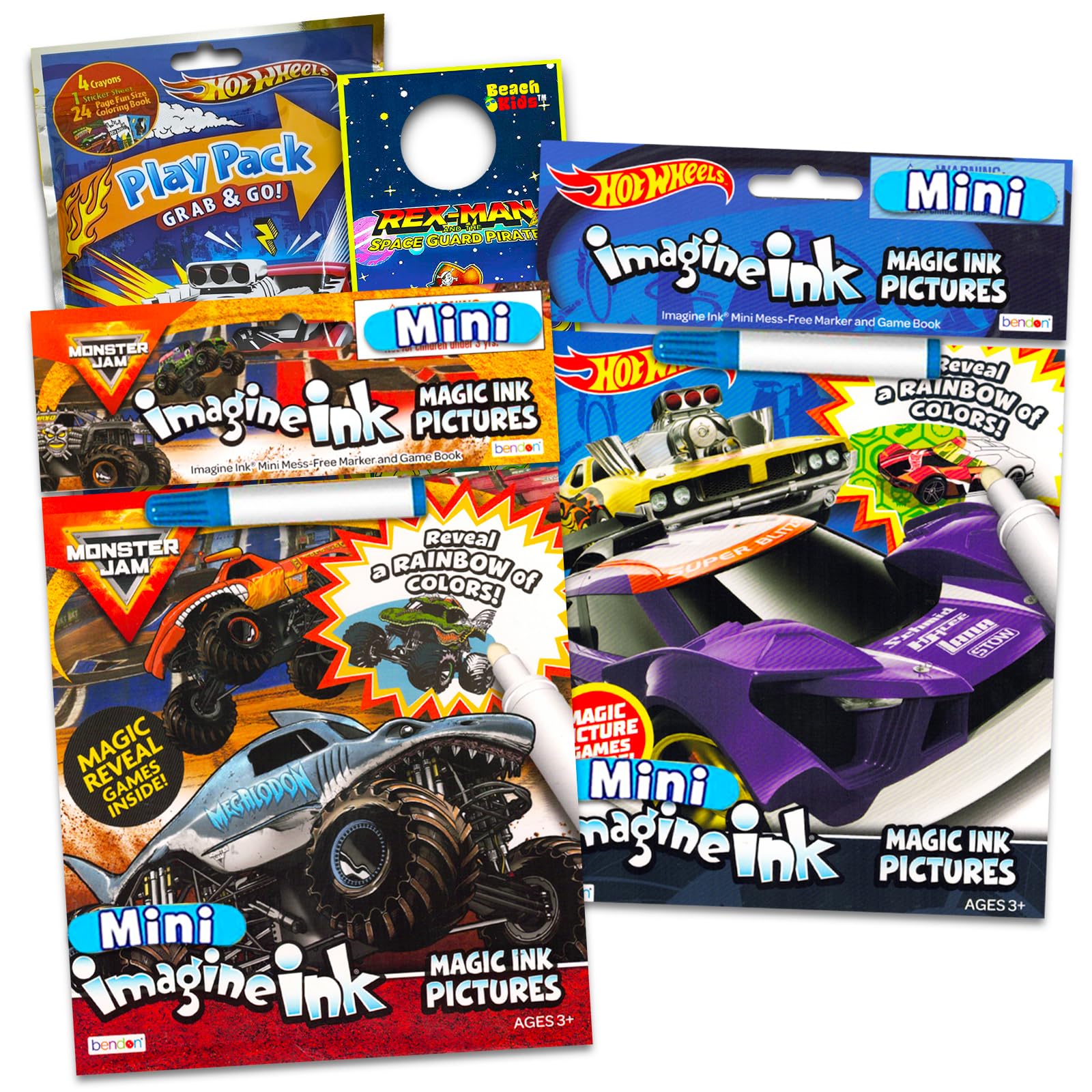 Monster Jam and Hot Wheels Magic Ink Coloring Book Set Kids Toddlers - Bundle with 2 Imagine Ink Coloring Books with Invisible I