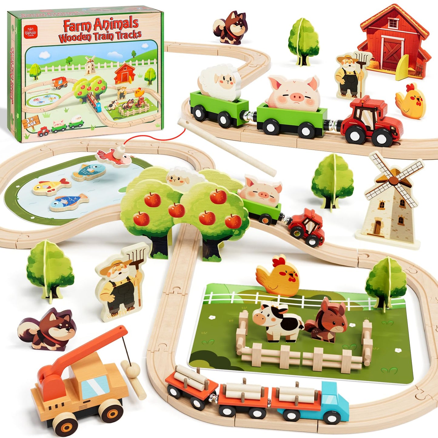 Lehoo Castle Wooden Train Set for Toddlers 2-4  Wooden Train Track  Farm Animals Toys for Ages 3-5  3 Year Old Boy Gift  Toys for 4 Year Old Boys