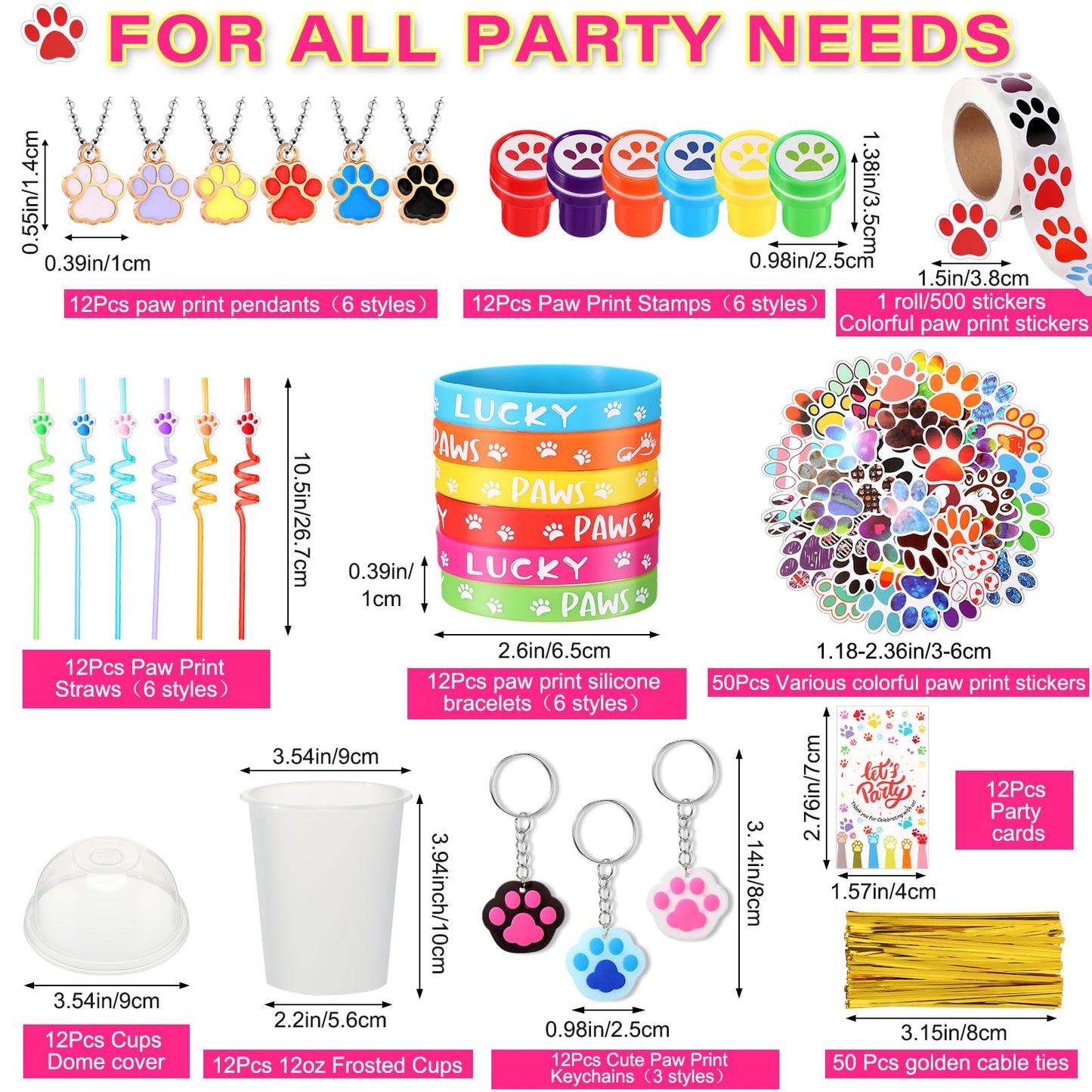 Gejoy 178 Pcs Dog Paw Party Favors, Set Including Straws Cups Silicone Bracelet Keychain Stamper Sticker Pendant Chain Thank You