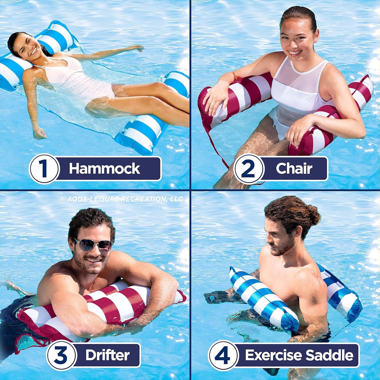 3 Pack - Aqua Original 4-in-1 Monterey Hammock, Inflatable Pool Floats for Adults, Patented Thick, Non-Stick PVC Material, 2 Lig