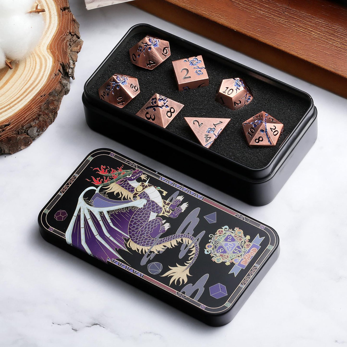 DNDND Metal Dice, 7 PCS Heavy Solid Metallic Flower DND Dice Set with Grogeous Gift Case for D&D Dungeons and Dragon Tabletop Ga