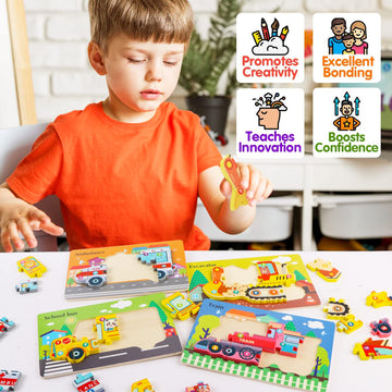 Puzzles For Toddlers 1-4 Years Old, 4 Pack Wooden Transportation Puzzles Toys Gift For Kids Boys Girls, Montessori Educational Learning Toys Ages 1 2 3 4 5