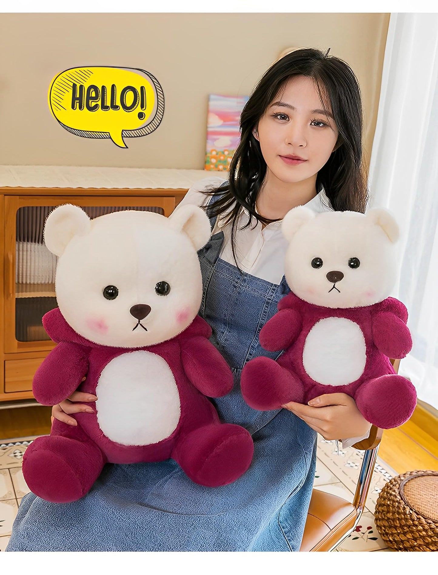 Bilibang Cartoon Plush Teddy Bear Toy, 11" Cotton, Pink Strawberry Bear, Removable Stitchhat
