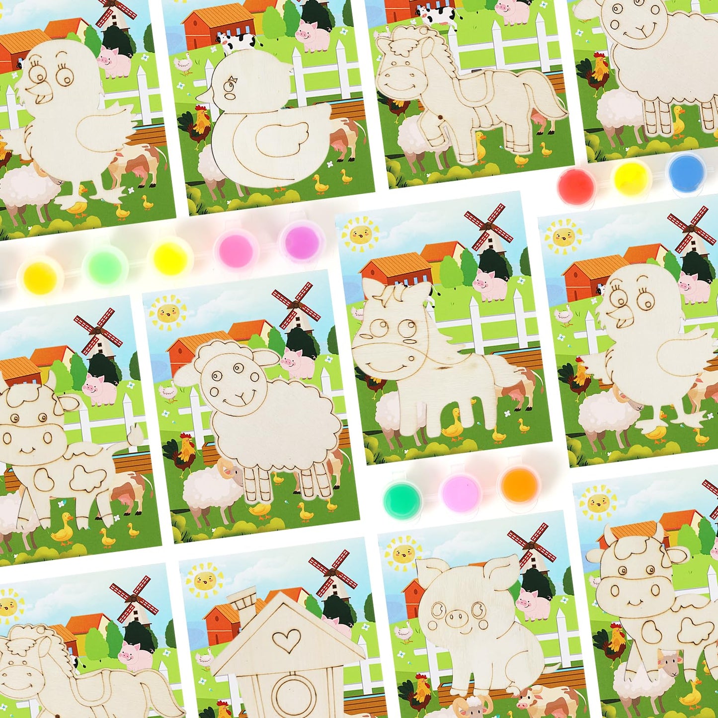 LARDUX Farm Animal Party Favors, 24PCS DIY Wooden Arts & Crafts Painting Kit for Kids Ages 4-8 8-12, Glow in The Dark Party Favo