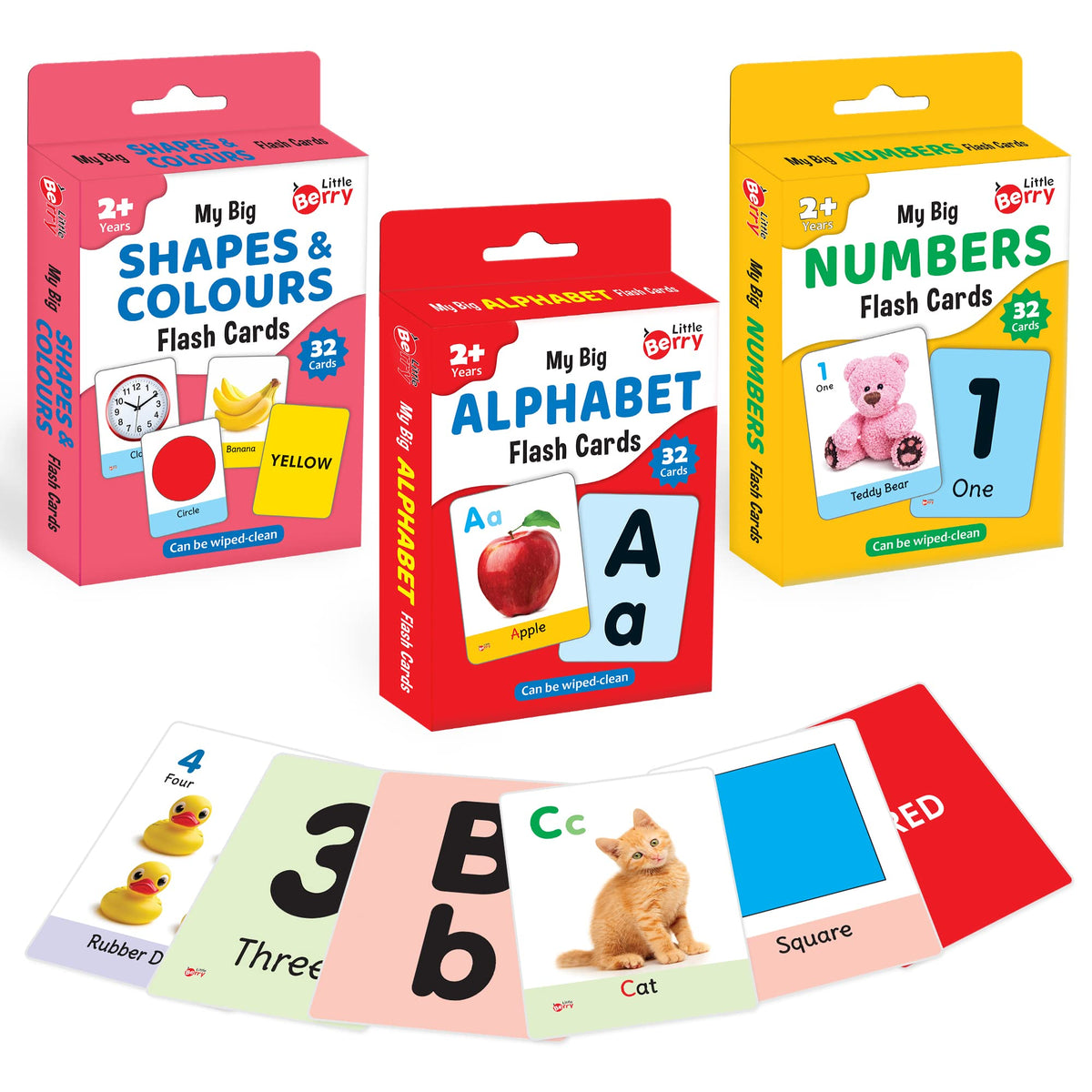 Little Berry Big Flash Cards For Kids: Alphabets, Numbers, Shapes & Colours (Set Of 3) | 96 DoubleSided Picture Cards | Early L