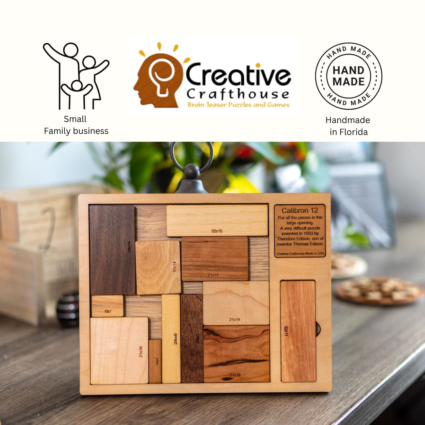 Creative Crafthouse Calibron 12 Wooden Puzzle - Hardest Brain Teaser for Adults & Teens - Natural Wood Colors