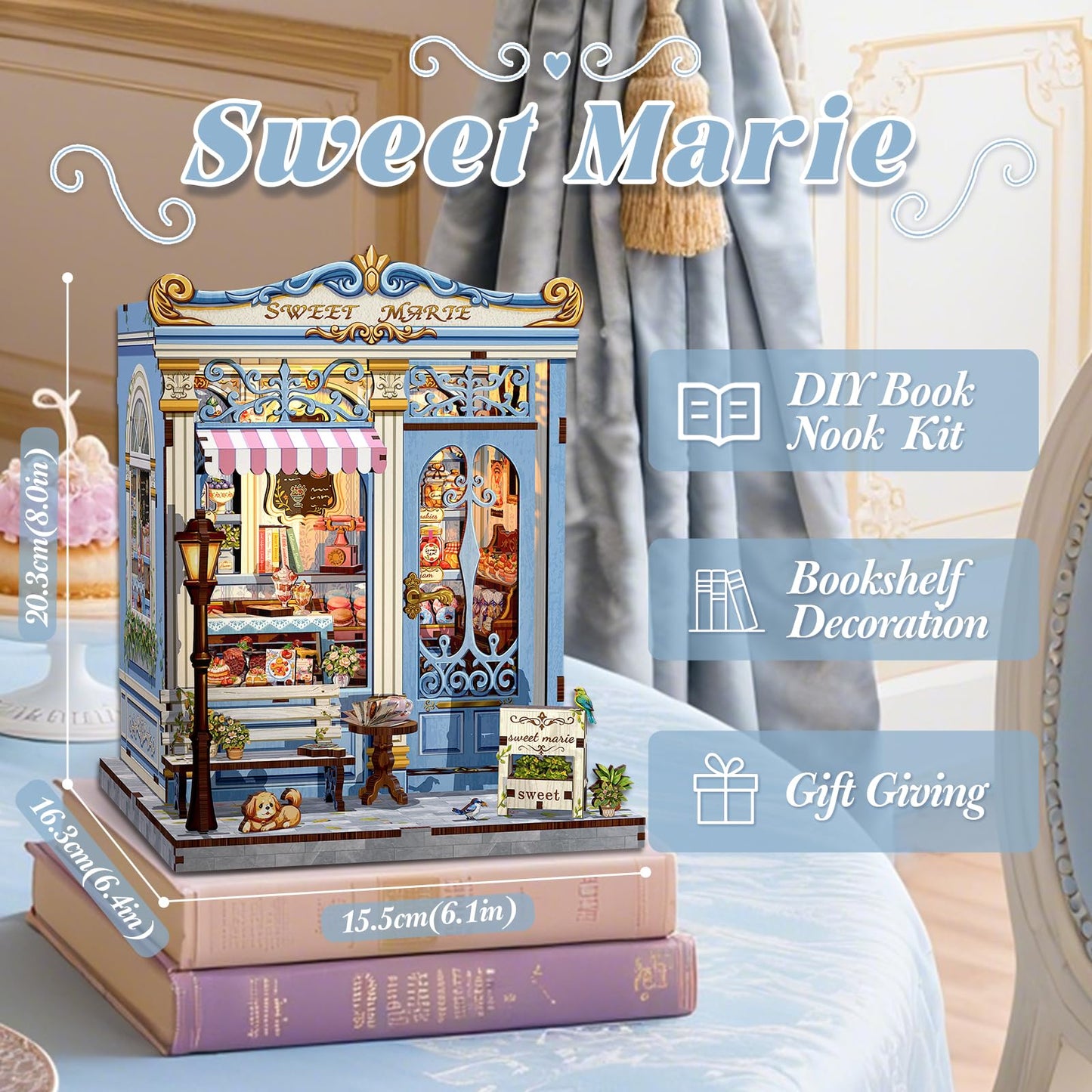 Fsolis Book Nook Kit - DIY Miniature House Kit 3D Puzzles for mature-themeds and Beginners  242 pcs  Booknook Bakery Bookshelf Decor Tiny House Gifts for Women Teenagers Book Lovers (Sweet Marie)