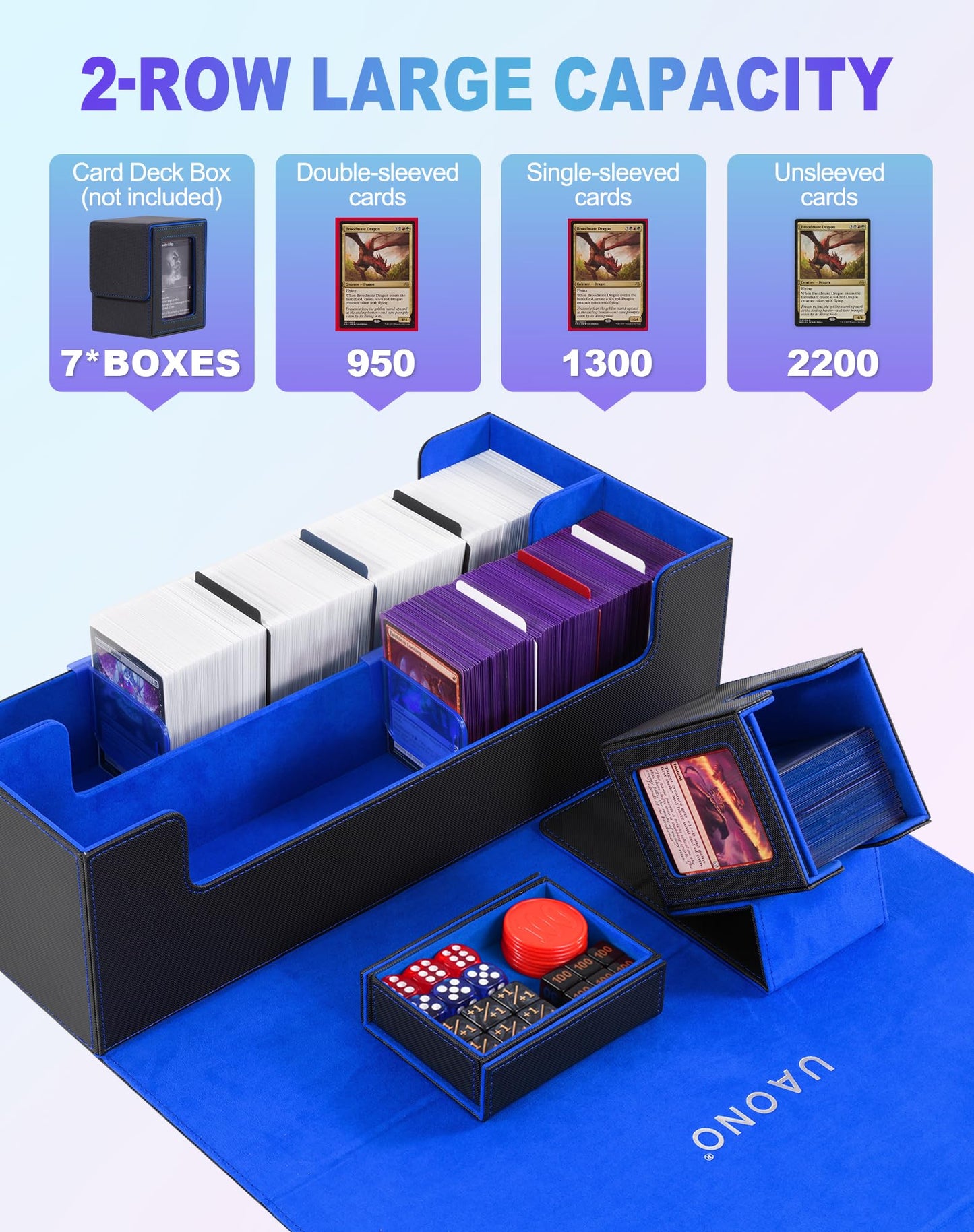 UAONO Trading Card Storage Box for MTG  Fits 7 Pcs Small Commander Deck Box  Large Card Deck Case with Dice Box for TCG PTCG Magic Sports Cards Game Playmat (Black  Blue)
