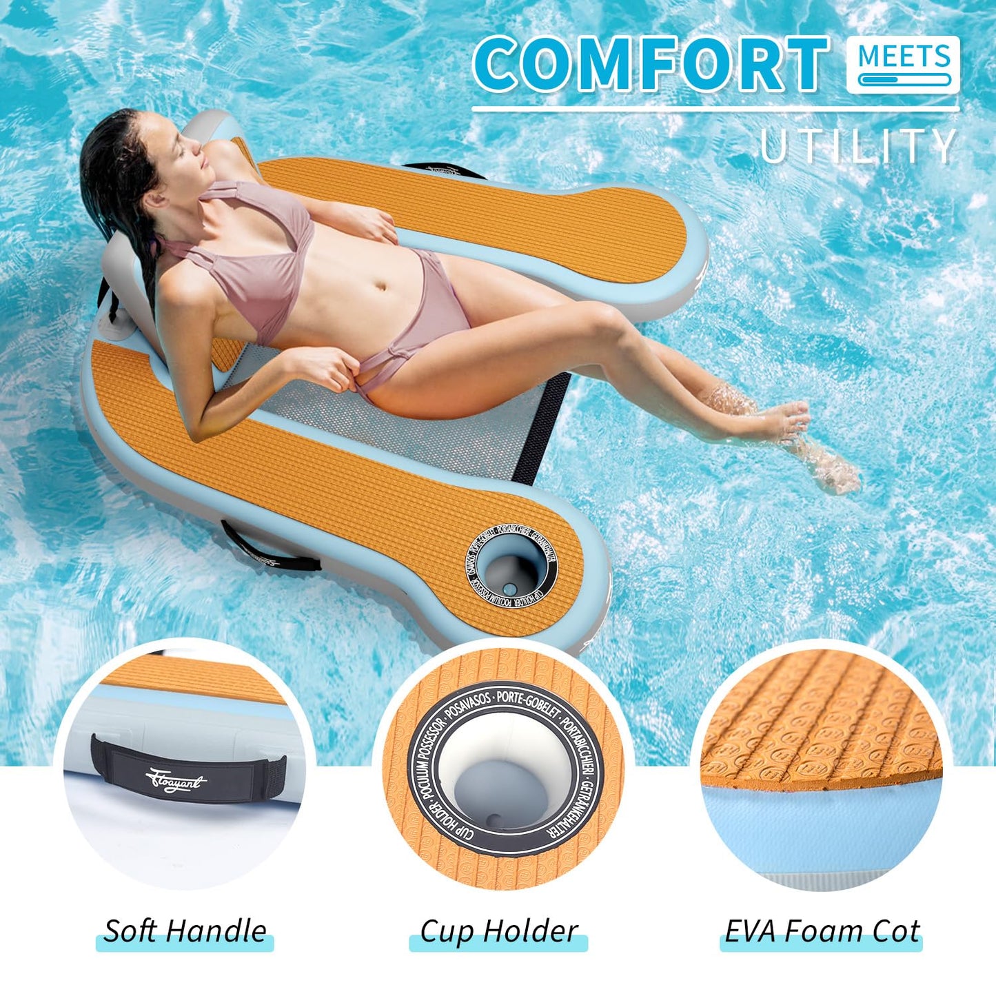 Inflatable Pool Floats mature-themed | 20-80Adjustable Backrest | Built-in Cup Holder | 12mm EVA Soft Foam | Mesh Seat Surface | Pool Lounger Float | Floating Chairs for Lakes  Pools  Boats | 1 Chair