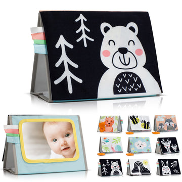Zicoto Soft Tummy Time Book With Large Stimulating Baby Safe Mirror - High Contrast Montessori Sensory Developmental Toy For Newborn/Infant 0-3 & 3-6 Months