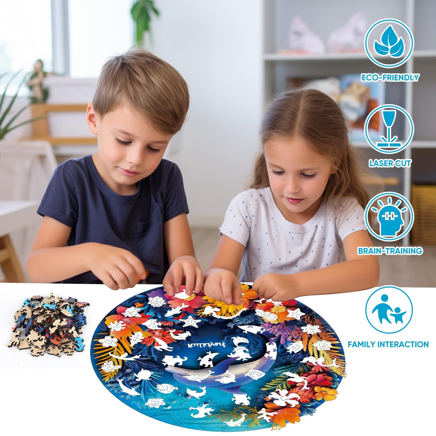 Ruikiyart 500 Pieces Dolphin Wooden Jigsaw Puzzle, Unique Shaped Sea Animal Gift for Adults and Kids, 16.5"x16.5", Eco-Friendly Wood