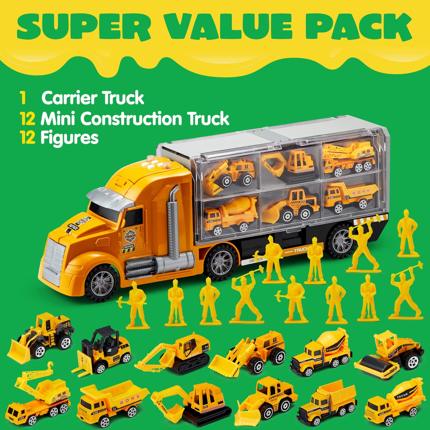 JOYIN 25 in 1 Construction Truck Vehicle Toy Set, Play Vehicles Set with Sounds and Lights in Carrier Truck, Push and Go Vehicle