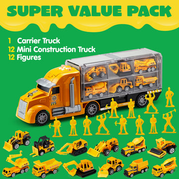 JOYIN 25 in 1 Construction Truck Vehicle Toy Set, Play Vehicles Set with Sounds and Lights in Carrier Truck, Push and Go Vehicle